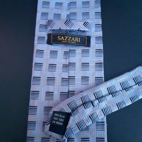 Sazzari Pastel Blue w/ Navy Line Squares Repeating Pattern 100% Silk Tie - Picture 5 of 11